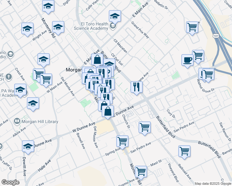 map of restaurants, bars, coffee shops, grocery stores, and more near 17114 Depot Street in Morgan Hill