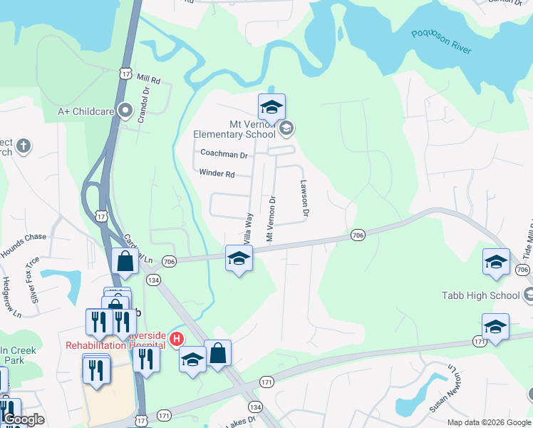 map of restaurants, bars, coffee shops, grocery stores, and more near 203 Mount Vernon Drive in Yorktown