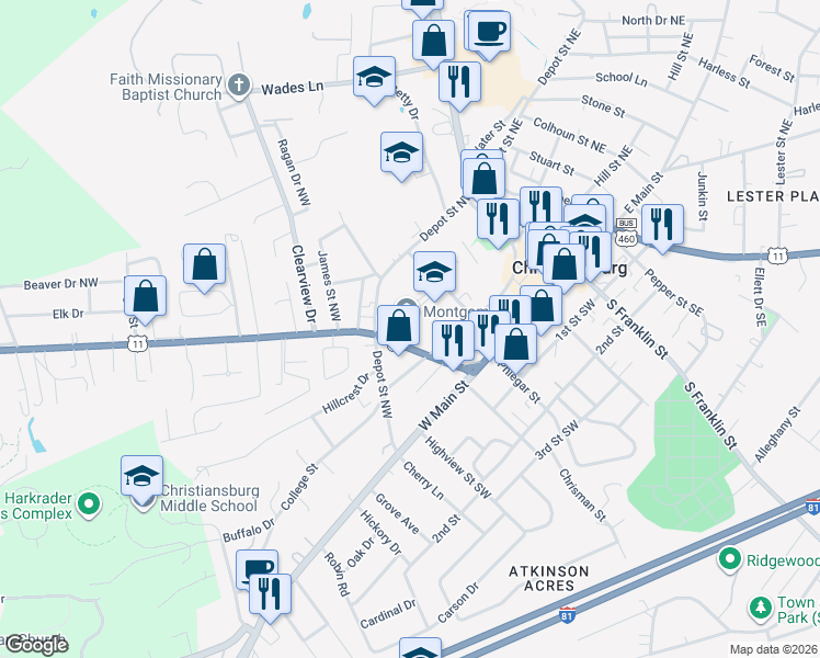 map of restaurants, bars, coffee shops, grocery stores, and more near 208 College Street in Christiansburg