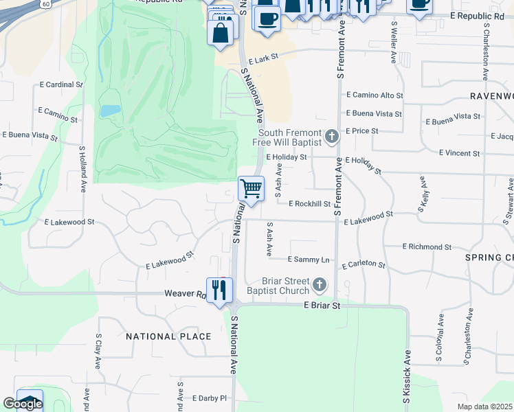 map of restaurants, bars, coffee shops, grocery stores, and more near 4719 South Kickapoo Avenue in Springfield