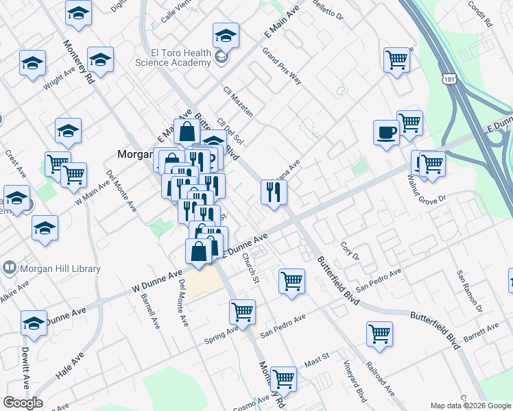 map of restaurants, bars, coffee shops, grocery stores, and more near 17110 Saint Anne Lane in Morgan Hill