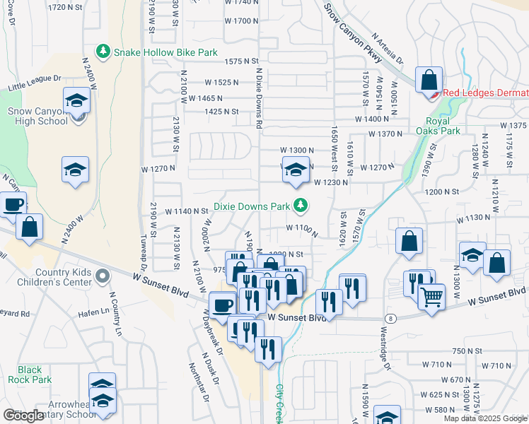 map of restaurants, bars, coffee shops, grocery stores, and more near 1840 West 1100 North in St. George