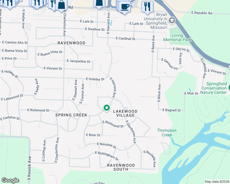 map of restaurants, bars, coffee shops, grocery stores, and more near 4634 S Harvard Ave in Springfield