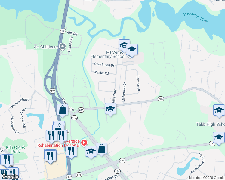 map of restaurants, bars, coffee shops, grocery stores, and more near 100 Camelot Crescent in Yorktown