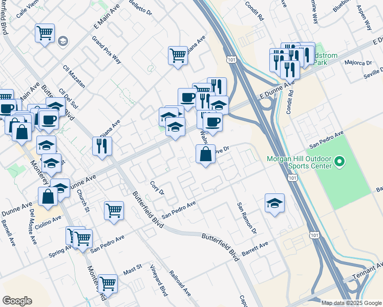 map of restaurants, bars, coffee shops, grocery stores, and more near 640 East Dunne Avenue in Morgan Hill