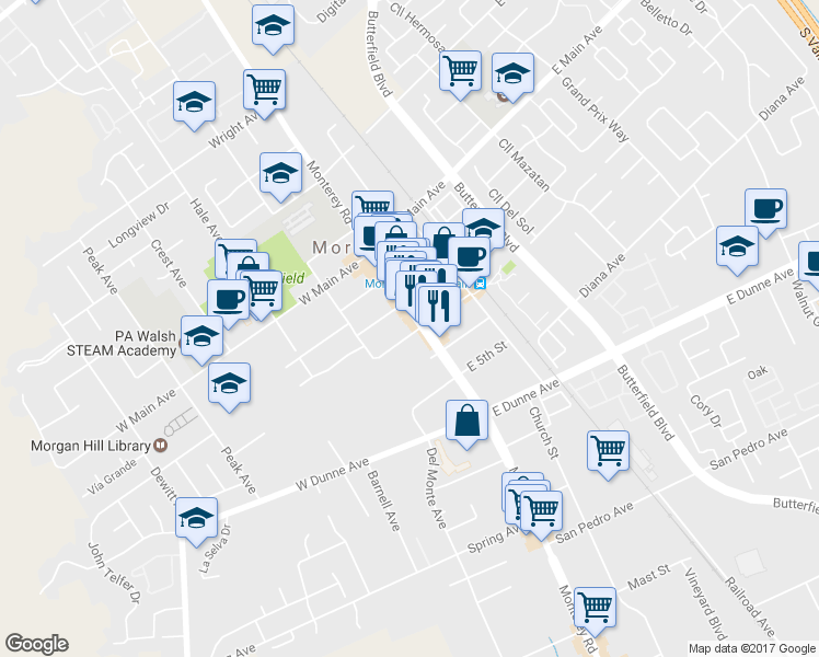 map of restaurants, bars, coffee shops, grocery stores, and more near 17315 Monterey Road in Morgan Hill