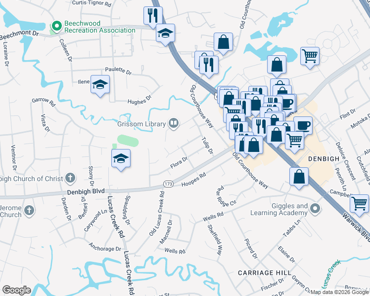 map of restaurants, bars, coffee shops, grocery stores, and more near 366 Green Meadows Drive in Newport News