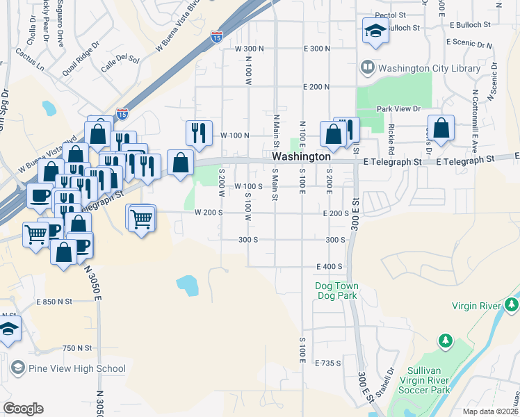 map of restaurants, bars, coffee shops, grocery stores, and more near 60 West 200 South in Washington