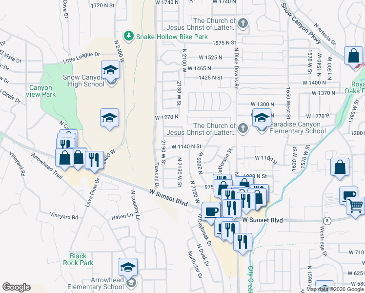 map of restaurants, bars, coffee shops, grocery stores, and more near 2123 West 1140 North Street in St. George
