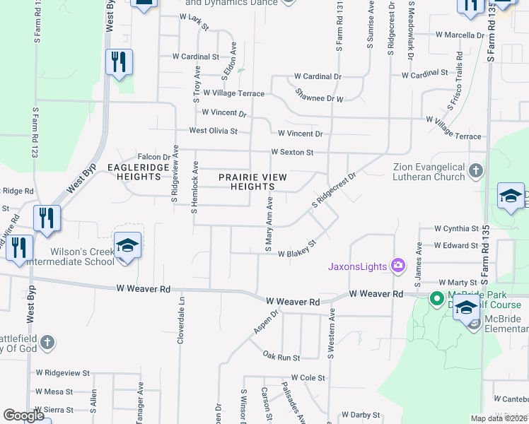 map of restaurants, bars, coffee shops, grocery stores, and more near 4765 South Mary Ann Avenue in Springfield
