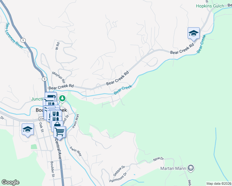 map of restaurants, bars, coffee shops, grocery stores, and more near 180 Brier Drive in Boulder Creek