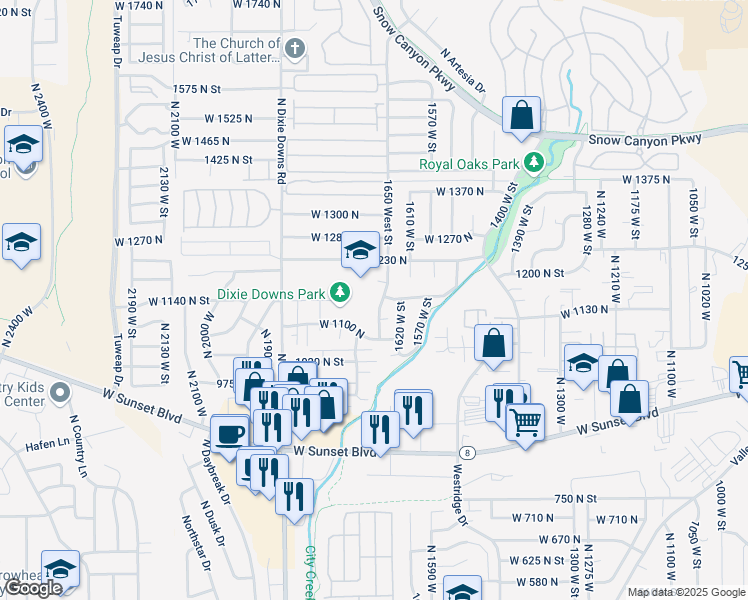 map of restaurants, bars, coffee shops, grocery stores, and more near 1159 1650 West Street in St. George