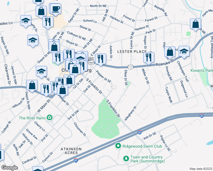 map of restaurants, bars, coffee shops, grocery stores, and more near 160 Darci Drive Southeast in Christiansburg