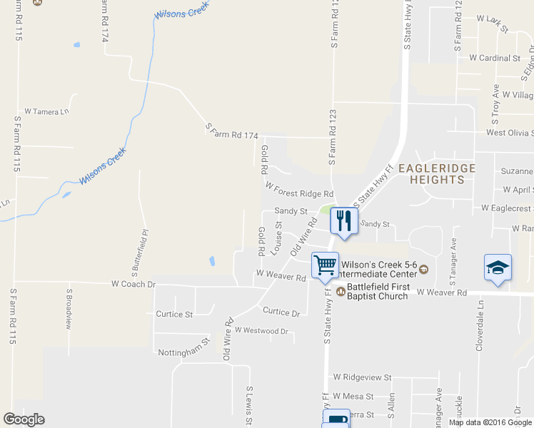 map of restaurants, bars, coffee shops, grocery stores, and more near 4808 Gold Road in Battlefield