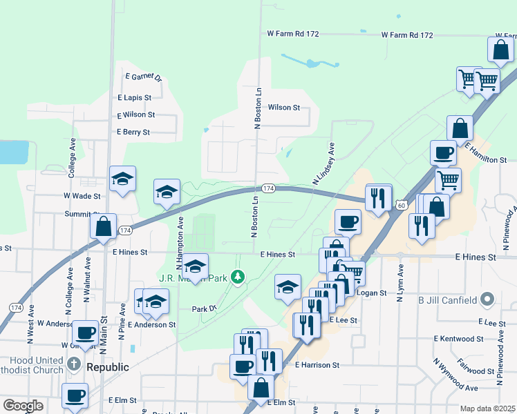 map of restaurants, bars, coffee shops, grocery stores, and more near 734 North Boston Lane in Republic