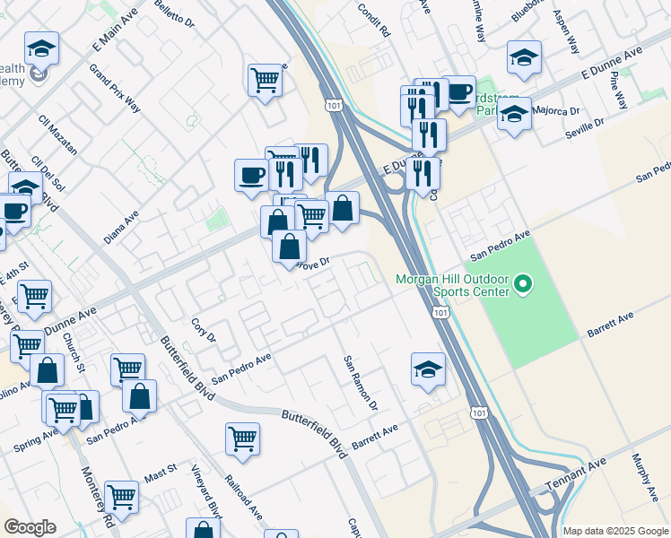 map of restaurants, bars, coffee shops, grocery stores, and more near 16740 Audrey Drive in Morgan Hill