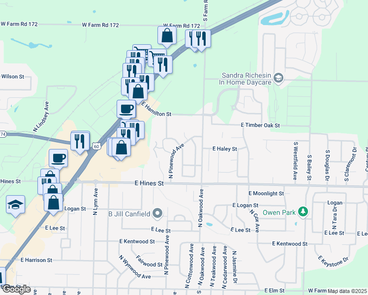 map of restaurants, bars, coffee shops, grocery stores, and more near 734 North Windmill Place in Republic
