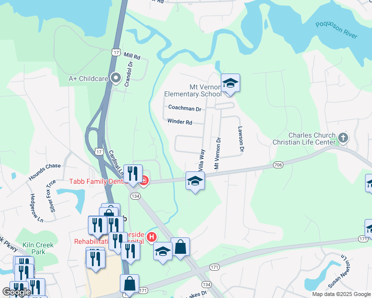 map of restaurants, bars, coffee shops, grocery stores, and more near 106 Camelot Crescent in Yorktown