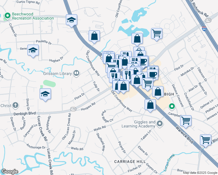 map of restaurants, bars, coffee shops, grocery stores, and more near in Newport News