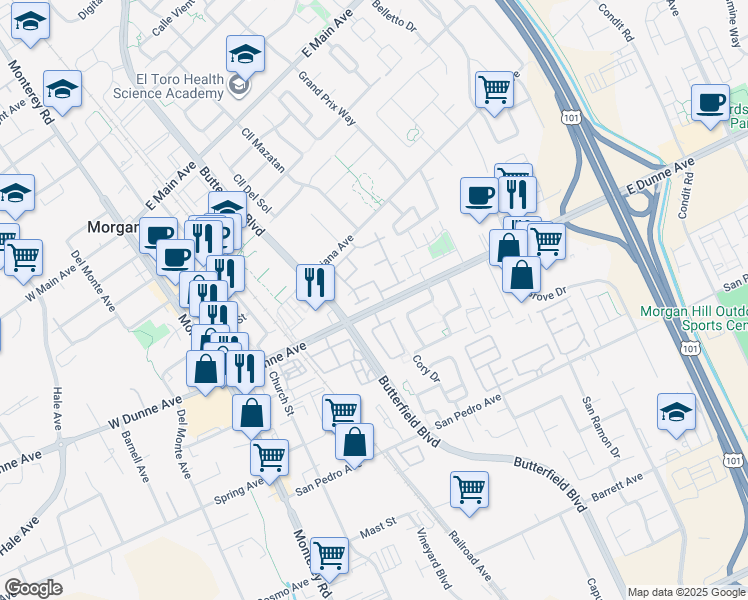 map of restaurants, bars, coffee shops, grocery stores, and more near 395 East Dunne Avenue in Morgan Hill