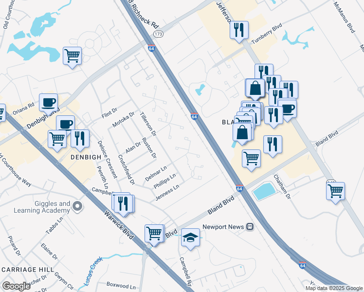 map of restaurants, bars, coffee shops, grocery stores, and more near 159 Delmar Lane in Newport News