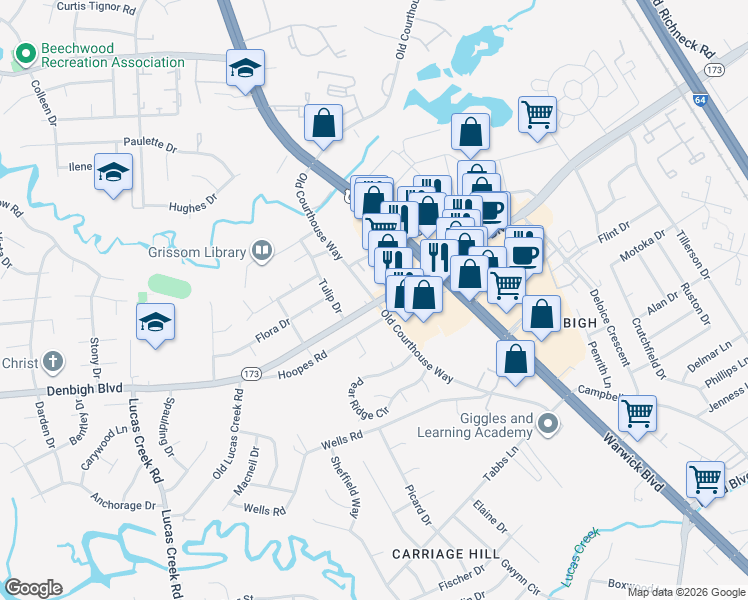 map of restaurants, bars, coffee shops, grocery stores, and more near in Newport News