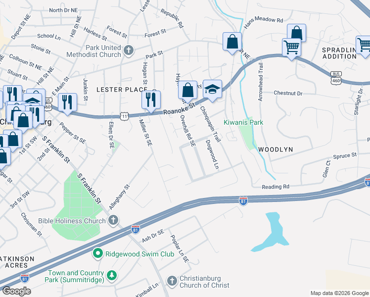 map of restaurants, bars, coffee shops, grocery stores, and more near 310 Turpin Walk in Christiansburg
