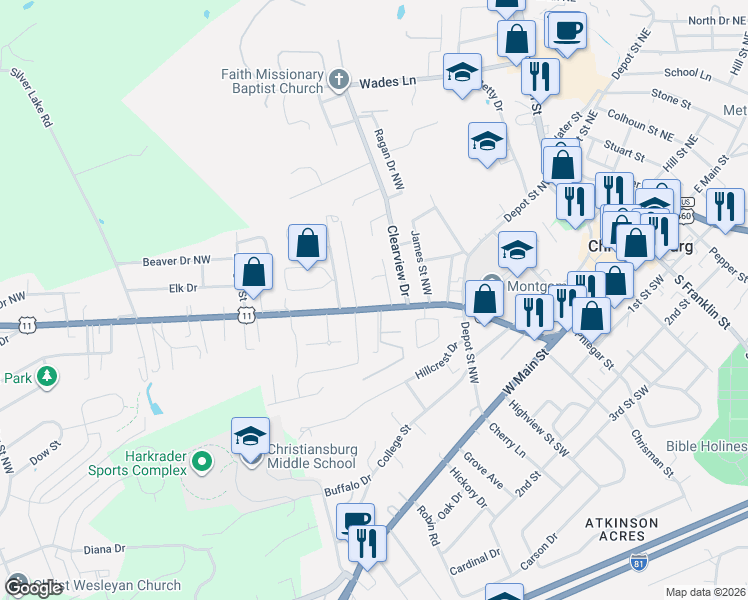 map of restaurants, bars, coffee shops, grocery stores, and more near 515 Radford Street in Christiansburg