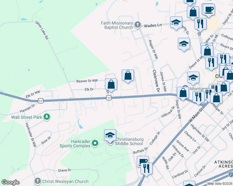 map of restaurants, bars, coffee shops, grocery stores, and more near 891 Radford St in Christiansburg