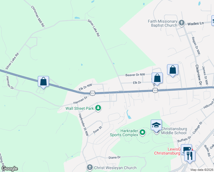 map of restaurants, bars, coffee shops, grocery stores, and more near 1201 Elk Drive Northwest in Christiansburg