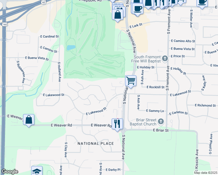 map of restaurants, bars, coffee shops, grocery stores, and more near 1135 East Lakewood Street in Springfield