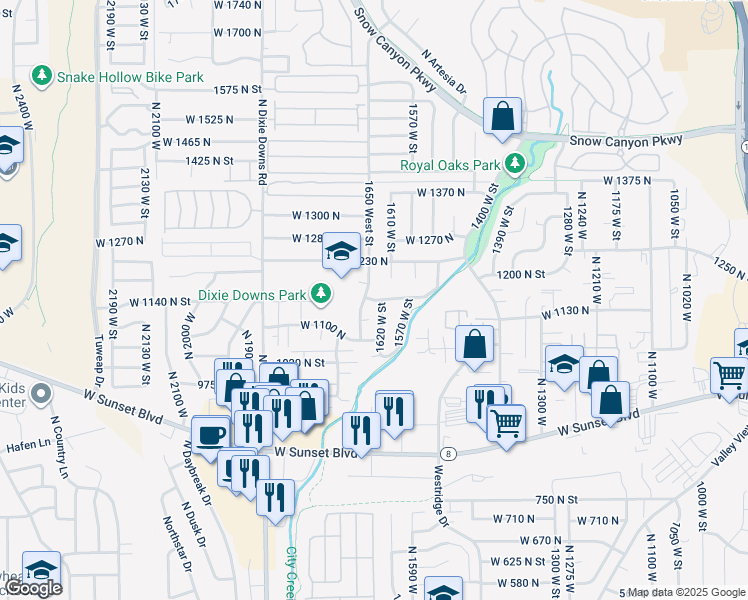 map of restaurants, bars, coffee shops, grocery stores, and more near 1633 West 1170 North in St. George