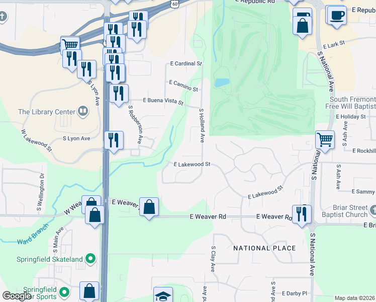 map of restaurants, bars, coffee shops, grocery stores, and more near 603 E Lakewood Pl in Springfield
