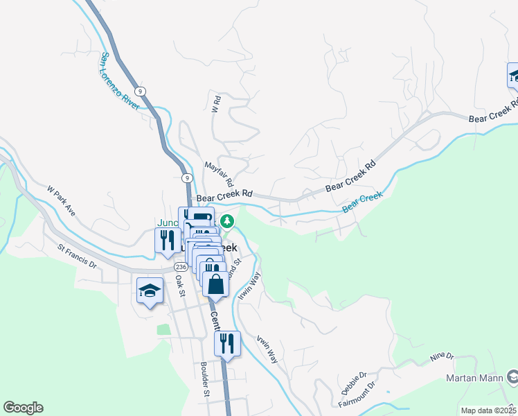 map of restaurants, bars, coffee shops, grocery stores, and more near 150 Evergreen Road in Boulder Creek