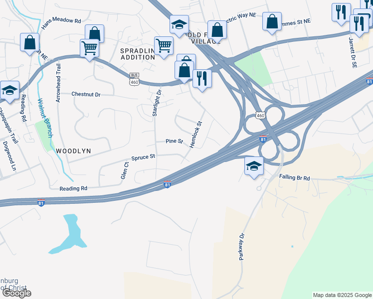 map of restaurants, bars, coffee shops, grocery stores, and more near 1535 Pine Street in Christiansburg