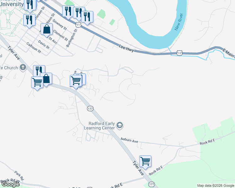 map of restaurants, bars, coffee shops, grocery stores, and more near 103 Hidden Valley Drive in Radford