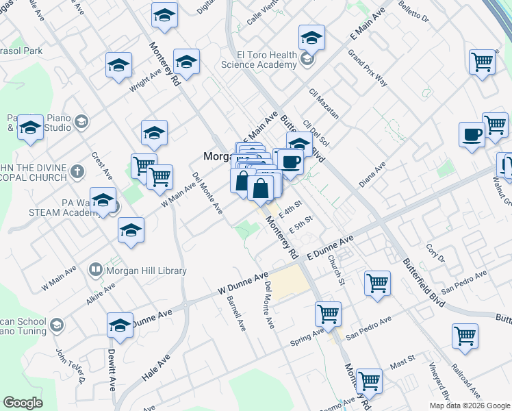 map of restaurants, bars, coffee shops, grocery stores, and more near 17305 Monterey Street in Morgan Hill