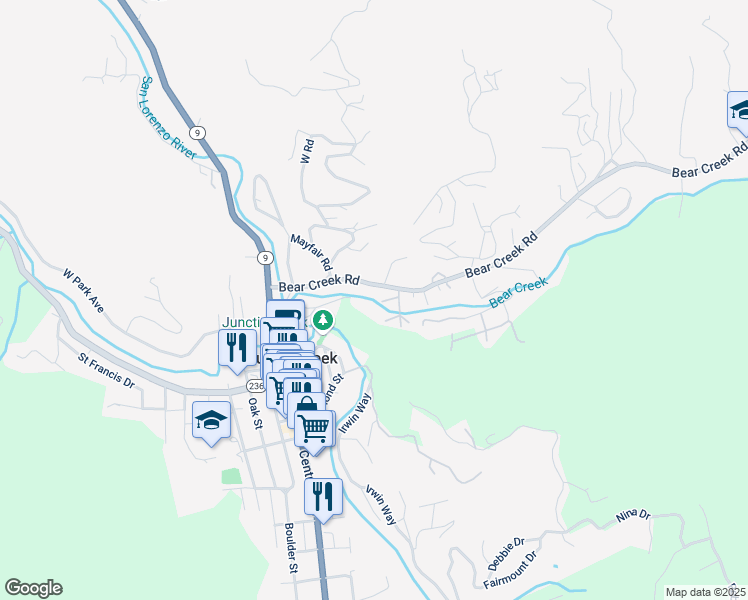 map of restaurants, bars, coffee shops, grocery stores, and more near 150 Evergreen Road in Boulder Creek