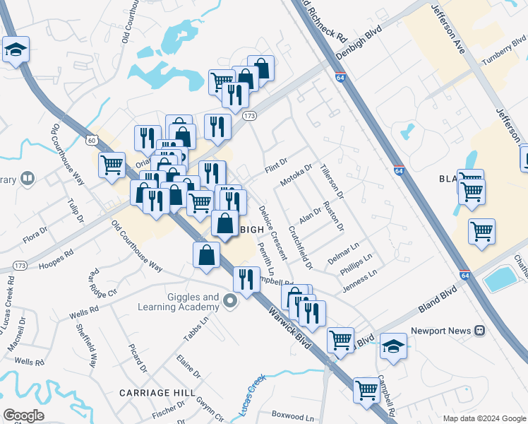 map of restaurants, bars, coffee shops, grocery stores, and more near Deloice Crescent in Newport News