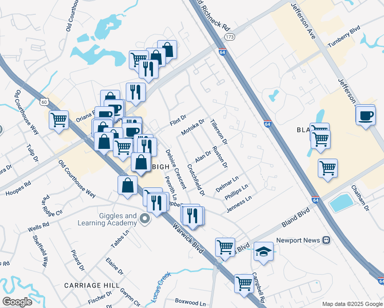 map of restaurants, bars, coffee shops, grocery stores, and more near 122 Cobb Circle in Newport News