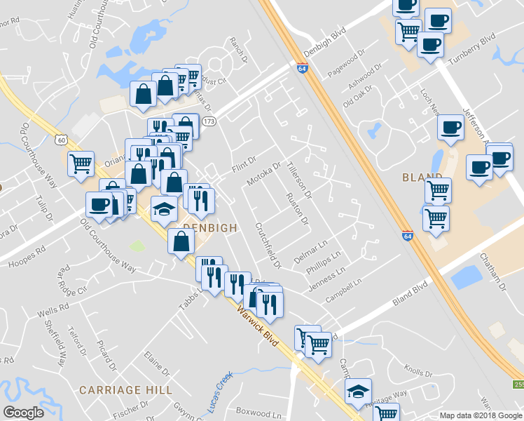 map of restaurants, bars, coffee shops, grocery stores, and more near 122 Cobb Circle in Newport News