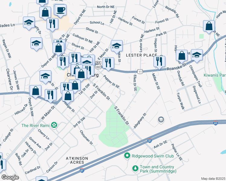 map of restaurants, bars, coffee shops, grocery stores, and more near Darci Drive Southeast in Christiansburg
