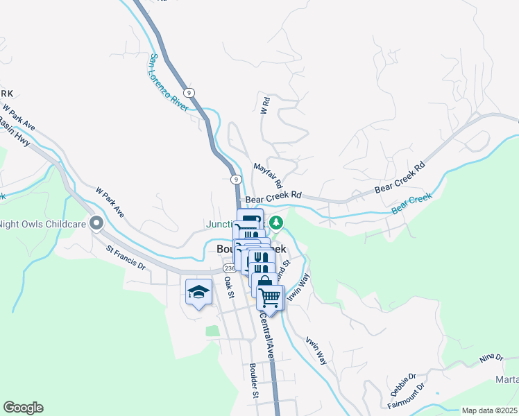 map of restaurants, bars, coffee shops, grocery stores, and more near 13550 Bear Creek Road in Boulder Creek