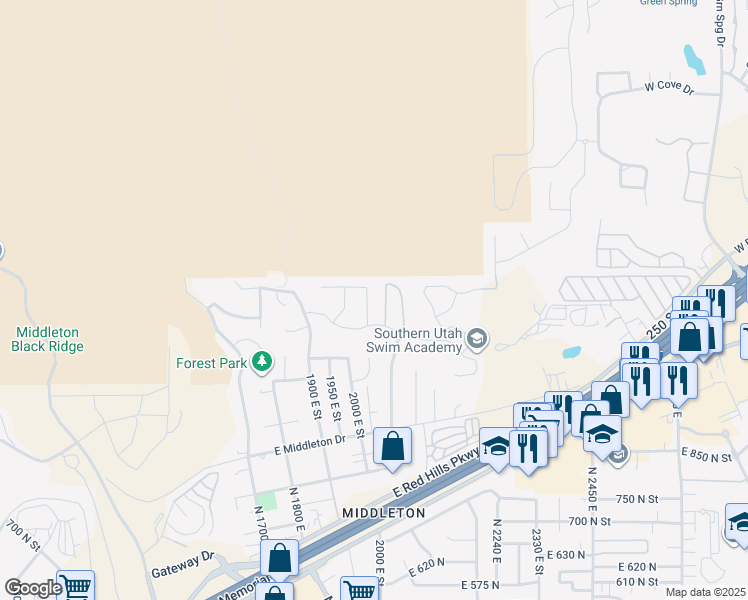 map of restaurants, bars, coffee shops, grocery stores, and more near 1170 North 2010 East in St. George