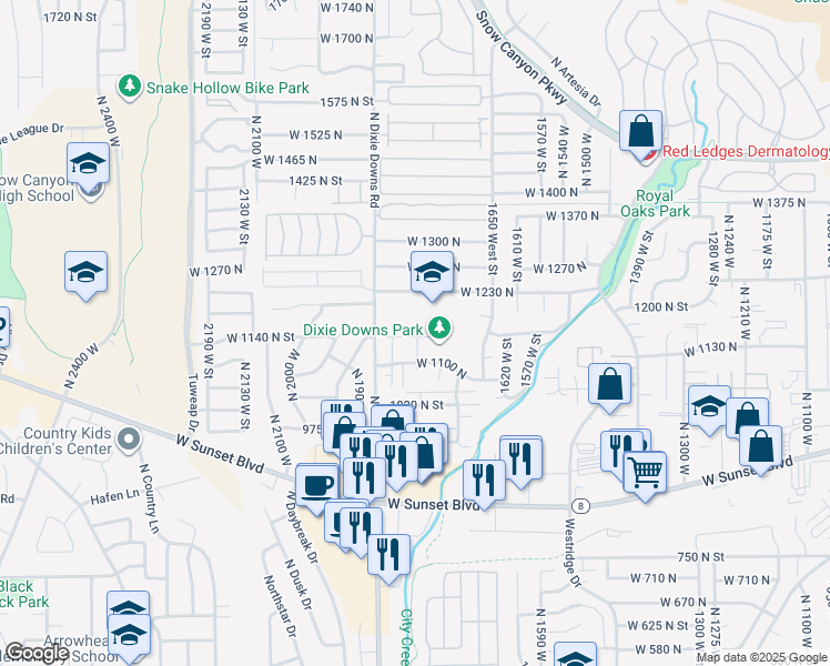 map of restaurants, bars, coffee shops, grocery stores, and more near 1840 West 1100 North in St. George