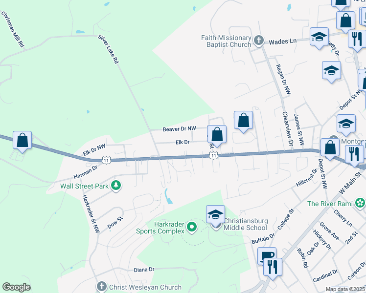 map of restaurants, bars, coffee shops, grocery stores, and more near 1000 Elk Drive in Christiansburg