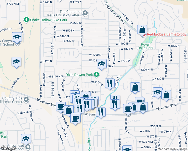 map of restaurants, bars, coffee shops, grocery stores, and more near 1840 West 1100 North in St. George