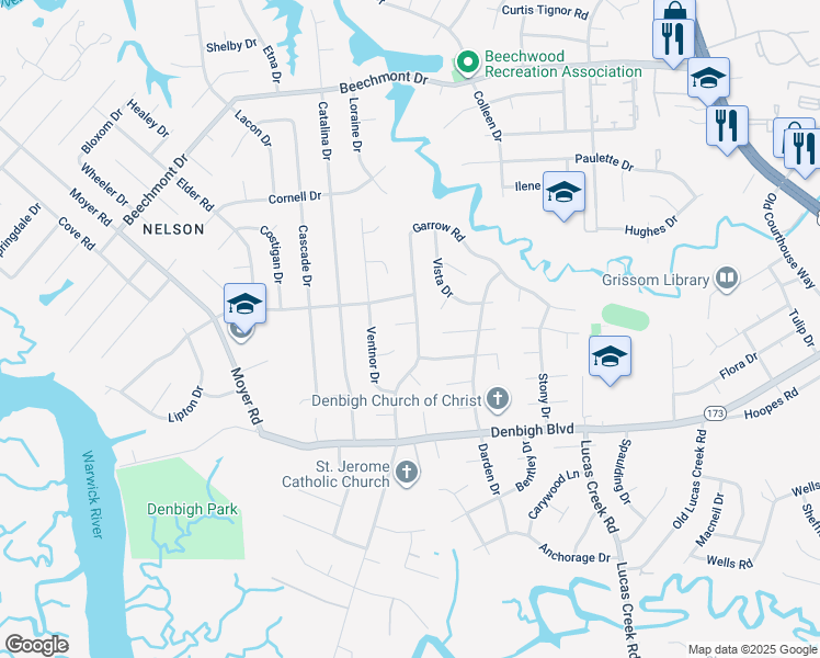 map of restaurants, bars, coffee shops, grocery stores, and more near 206 Ruth Court in Newport News