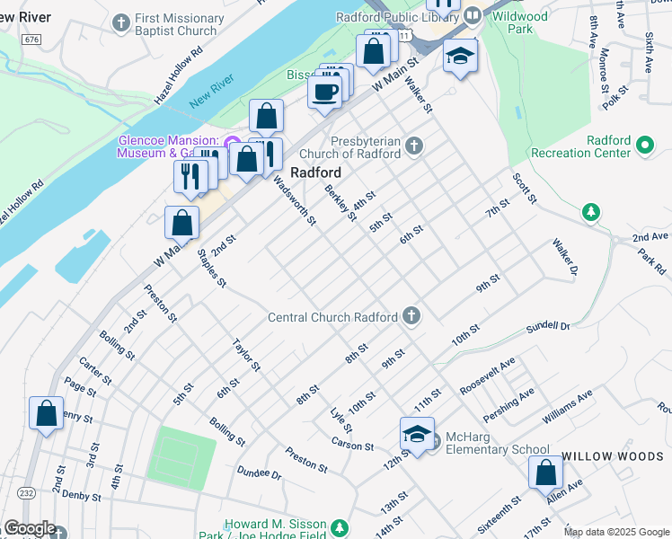 map of restaurants, bars, coffee shops, grocery stores, and more near 600 5th Street in Radford