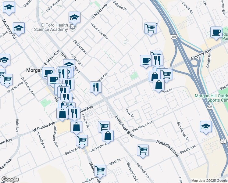 map of restaurants, bars, coffee shops, grocery stores, and more near 344 Pebble Creek Court in Morgan Hill